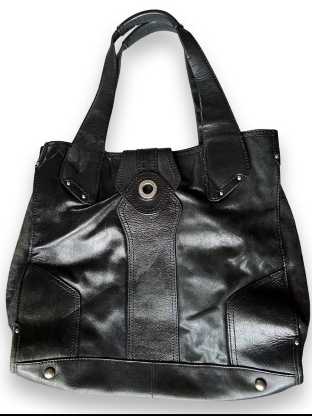 Perlina Black Glazed Leather Large Tote Shoulder Bag Purse Handbag
